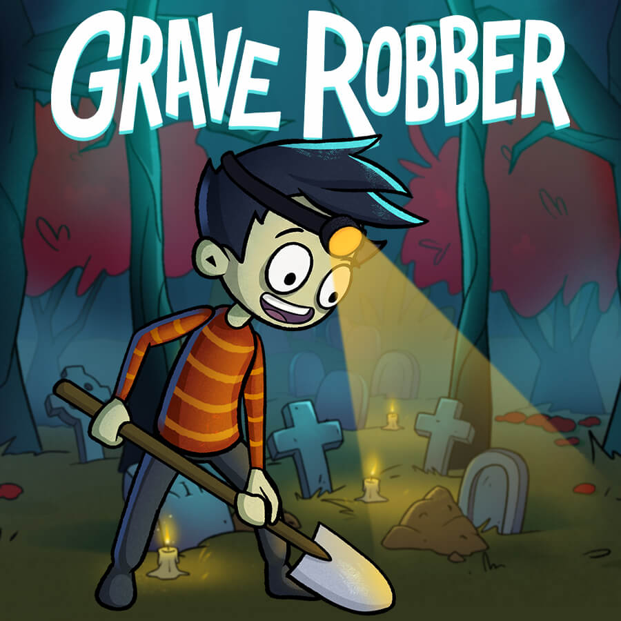 Grave Robber slot game icon: cartoon grave robber with a shovel in a moonlit cemetery surrounded by candles and tombstones